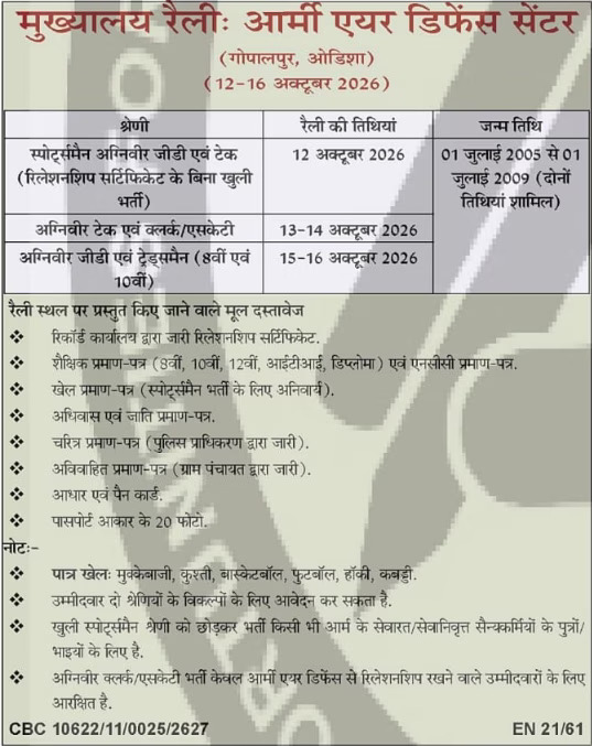 Army Air Defence Center Gopalpur Bharti Rally 2026 Notification PDF Download