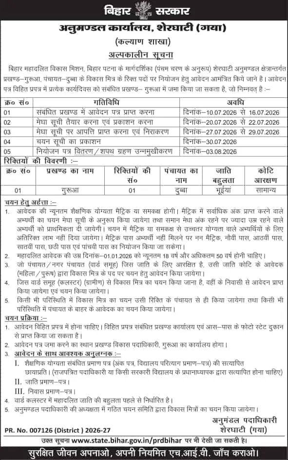 Gaya Vikas Mitra Bharti 2026 Notification Download