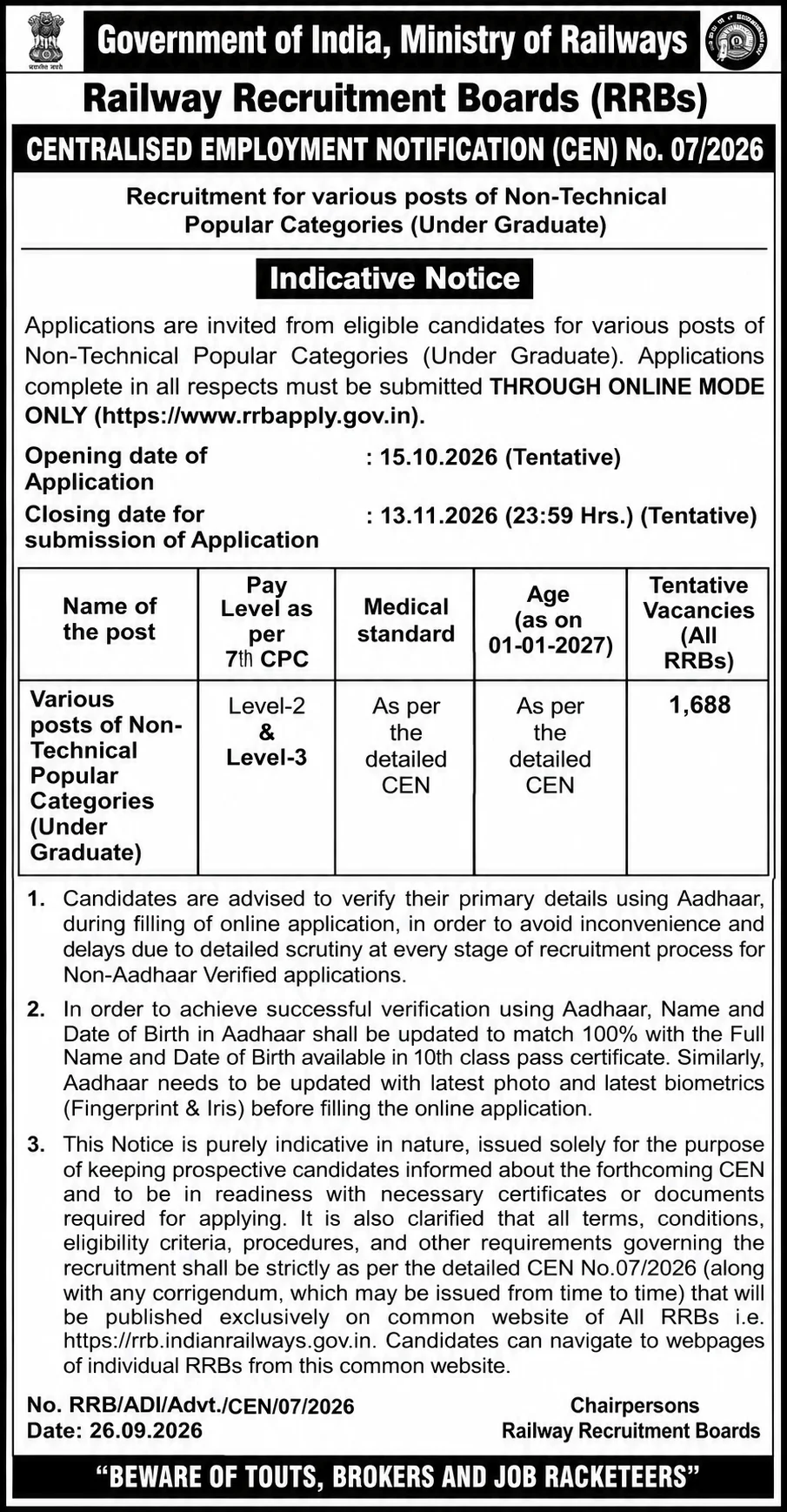 RRB NTPC UG CEN 07/2026 Short Notice