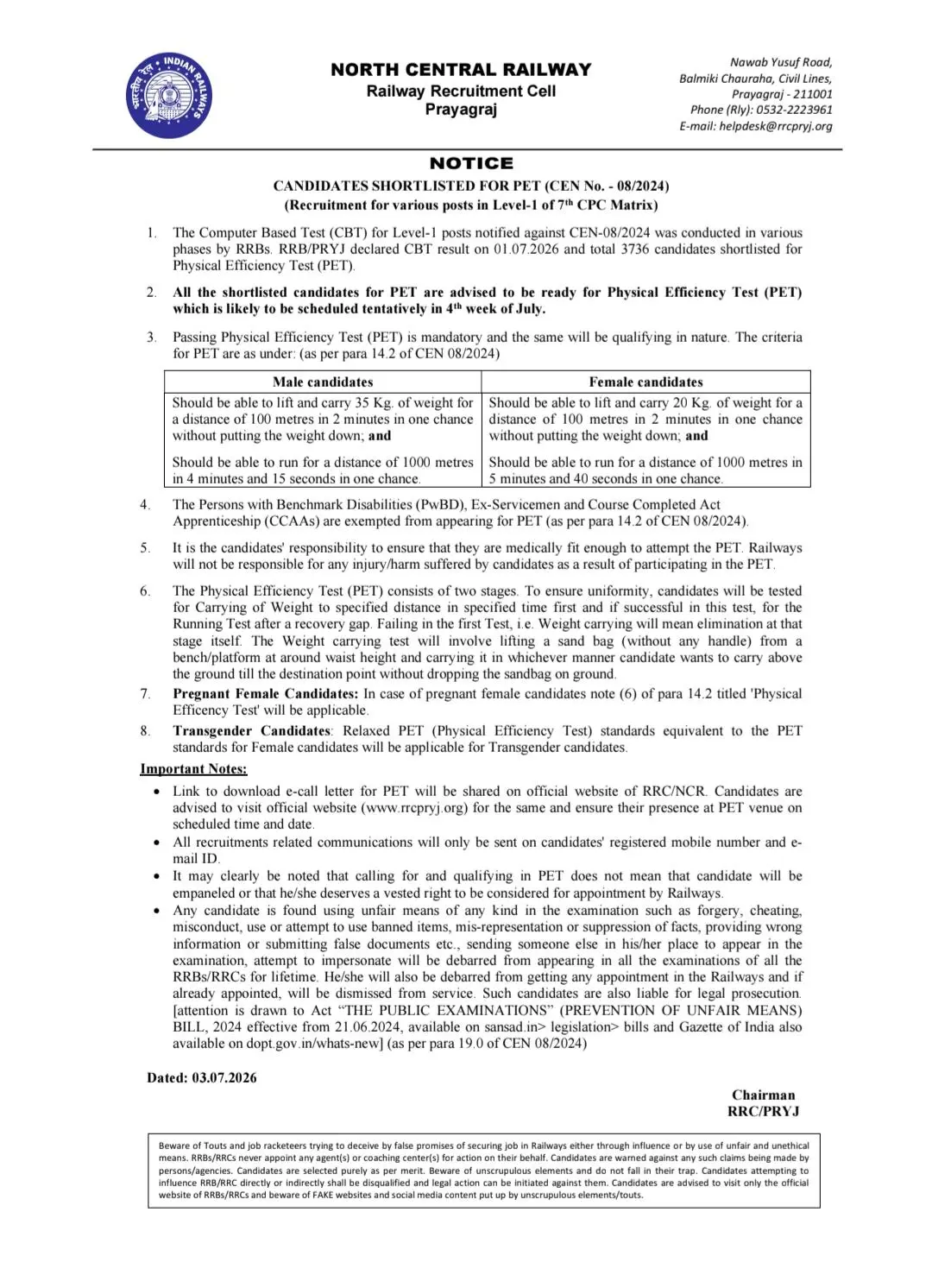 RRC NCR Prayagraj Group D PET Notice 2026 PDF Download | CEN 08/2024 Official Notice